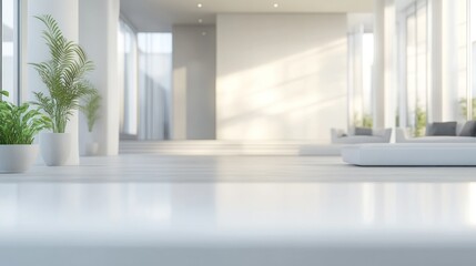 Obraz premium A white minimalist office with a large window and a potted plant. The space is clean and modern, with a focus on functionality.