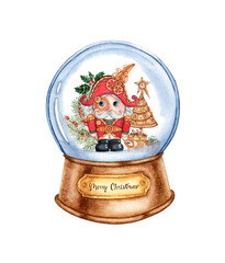 Crystal ball with glass sphere mounted on a brown wooden base with a gold plaque inside watercolor illustration. Nutcracker in fir branches steampunk isolated from background.
