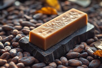 A bar of natural cocoa butter soap rests on a wooden stand amidst a pile of cocoa beans, exuding rustic charm.