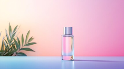 A premium perfume bottle mockup featuring a transparent glass design elegantly staged against a soft pastel gradient background  This product shot showcases the sleek