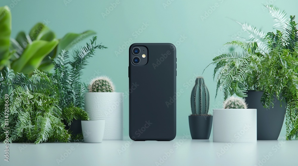 Poster sleek black smartphone case mockup with a 3d floating view showcasing its edges isolated on a clean 