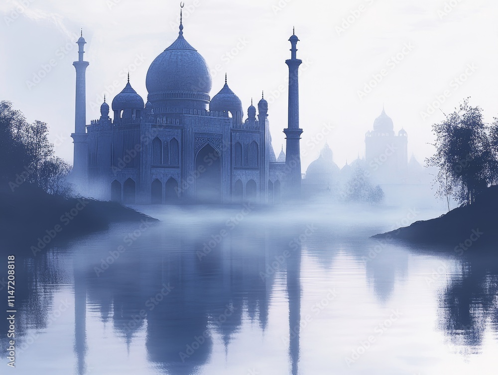 Poster a misty view of a grand architectural structure reflected in calm waters.