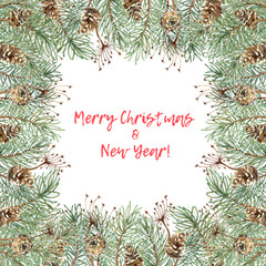 Fir branches, pine cones and grass Christmas and New Year banner watercolor illustration. Square frame, border with winter plants isolated from background. Pine, fir, juniper, evergreen.