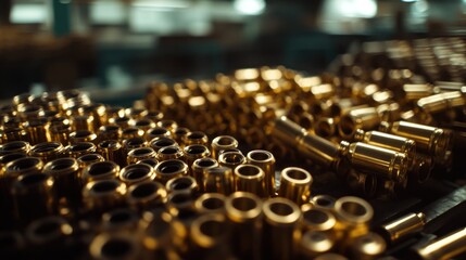 Obraz premium Close-up of shiny brass metal parts in a factory setting.