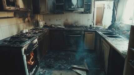 A kitchen ravaged by fire, with soot covering the cabinets, countertops, and floor. Smoke lingers in the air, and flames still flicker in the oven.