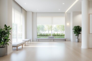 Obraz premium A modern, bright interior space with seating and large windows overlooking greenery.