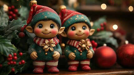 Two Christmas Elves Festive Holiday Decorations
