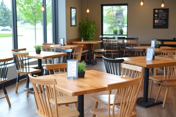 Fototapeta premium A modern caf? interior with wooden tables and chairs, plants, and large windows.