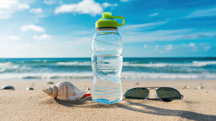 refreshing water bottle on sandy beach with seashell and sunglasses, capturing serene summer vibe. Perfect for hydration and relaxation by ocean