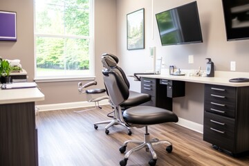 A modern dental office with two chairs and minimalistic design.