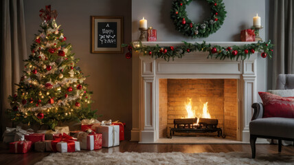 festive New Year scene featuring decorated Christmas tree, cozy fireplace, and beautifully wrapped gifts, creating warm and inviting atmosphere