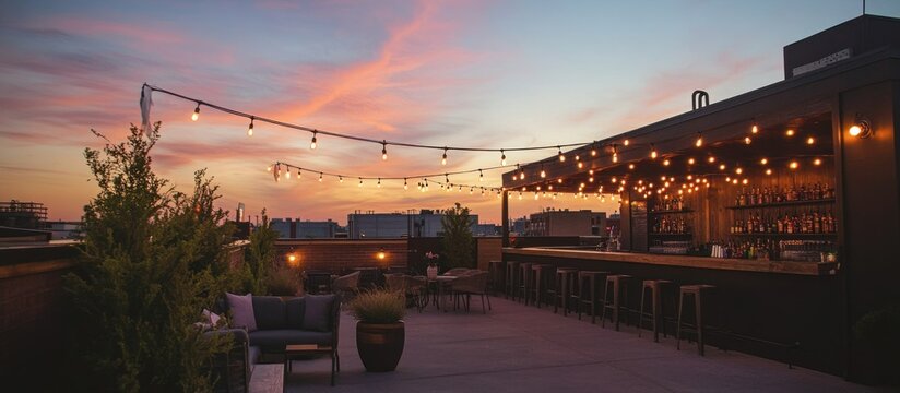 Fototapeta Rooftop bar at sunset with string lights and city views.
