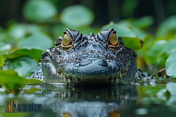 Obraz premium Close-up portrait of a menacing alligator, submerged in a lush green swamp, its intense gaze captivating.