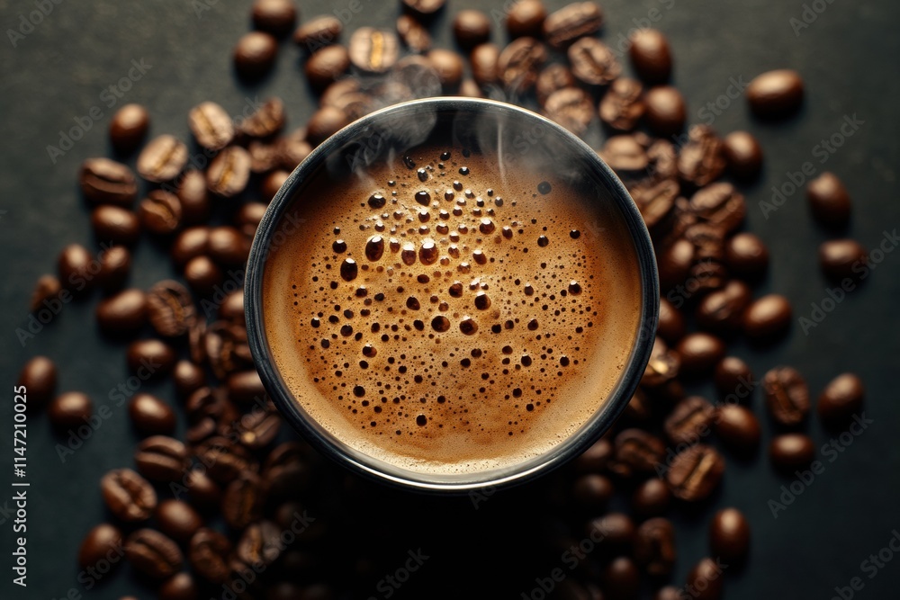Poster warm cup of coffee surrounded by roasted beans with plenty of space for text or design. generative a