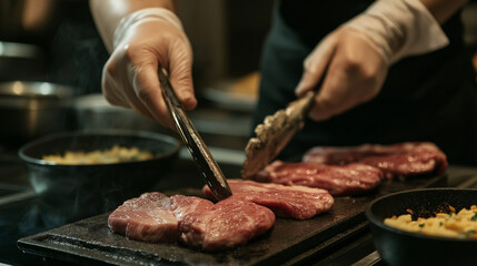 Zartes Steak wird in einer Pfanne perfekt angebraten und garniert

