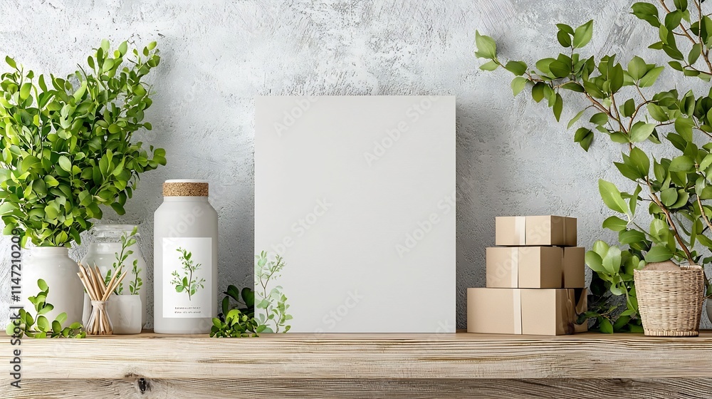 Aufkleber blank product box mockup standing on a wooden shelf ready for packaging design and branding this dig