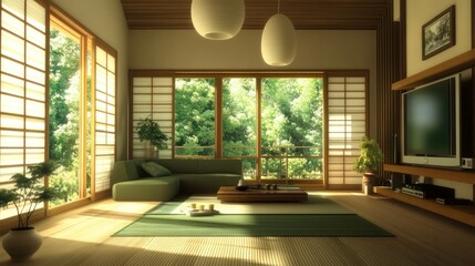 Fototapeta premium Sunlit modern Japanese-style living room with shoji screens, green sofa, and wooden floors.