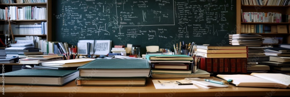 Poster organized desk with books, notebooks, and stationery for studying or working in a creative workspace