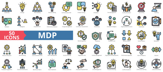 Management development program of mdp concept icon collection set. Containing leadership, strategic, team building, decision making, communication skill icon. Simple flat outline vector illustration