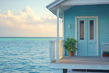 A serene coastal home with a porch overlooking calm waters and a potted plant.