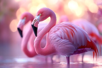 Naklejka premium Pink flamingos in a serene sunset, delicate feathers and pastel colors reflect in the calm water.
