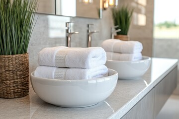 A modern bathroom setting featuring neatly stacked towels and decorative plants.
