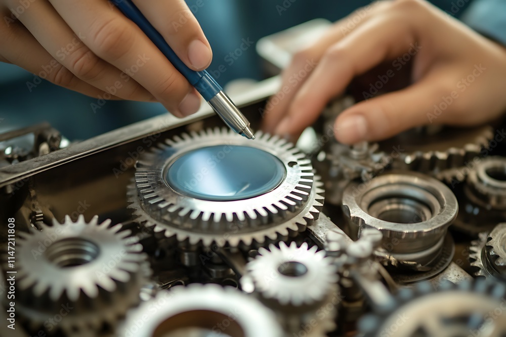 Poster close up of hands working on intricate gears. precision engineering concept.