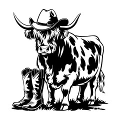 Fototapeta premium Highland Cow with Cowboy Boots Illustration