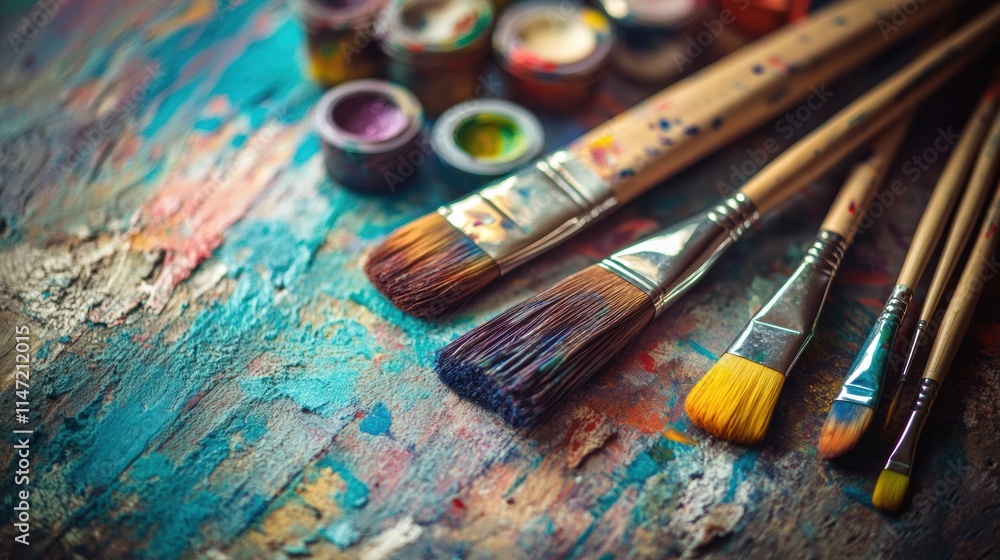 Poster Colorful artist brushes and vibrant paints arranged beautifully on a textured surface ready for creation and expression of art. Generative AI