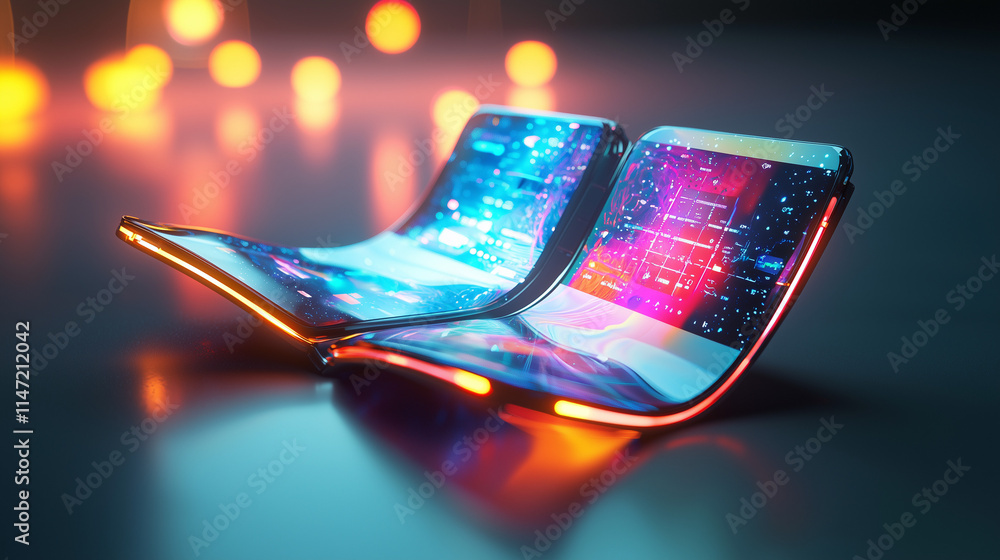 Poster two futuristic, flexible smartphones with glowing neon edges display vibrant digital data on curved 