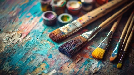 Obraz premium Colorful artist brushes and vibrant paints arranged beautifully on a textured surface ready for creation and expression of art. Generative AI