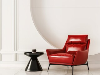 Red leather armchair with black side table in a white modern living room interior