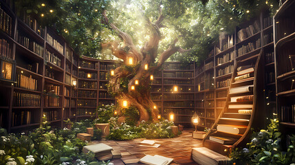 Wizards library serenity a tranquil and mystical library filled with towering shelves of ancient tomes the air with the scent of parchment and the whisper of forgotten spells. Whisper. Illustration