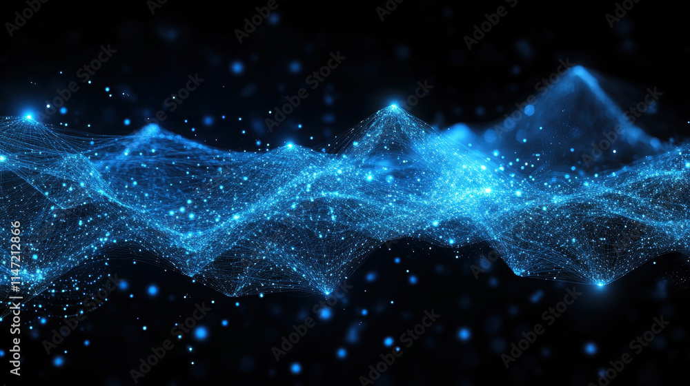 Poster abstract blue background with glowing connection lines and dots, a technology network concept