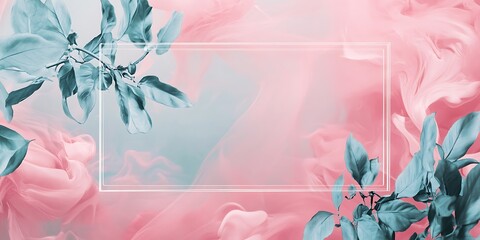 Teal Leaves Frame Pink Abstract Background