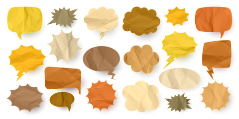 Crumpled brown paper comic speech bubbles. Hand drawn retro cartoon stickers. Pop art style. Old, vintage dialog boxes with cardboard texture. Vector illustration