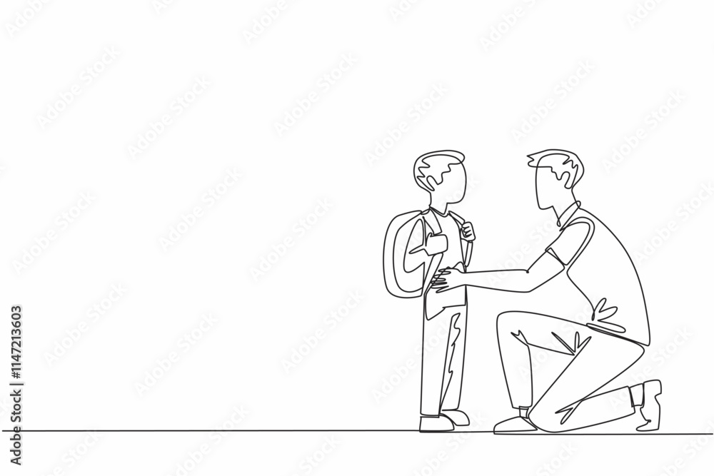 Aufkleber continuous one line drawing father crouches hold son who is going to school. advise. give positive i