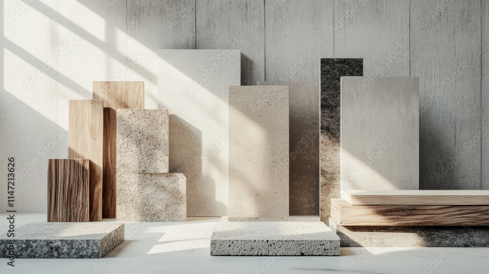 Poster Construction materials display featuring bricks, wood, and concrete blocks with natural light in an indoor setting. Generative AI