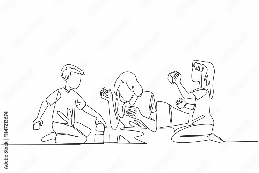 Poster single continuous line drawing mother lying on the floor playing building blocks with her daughter a