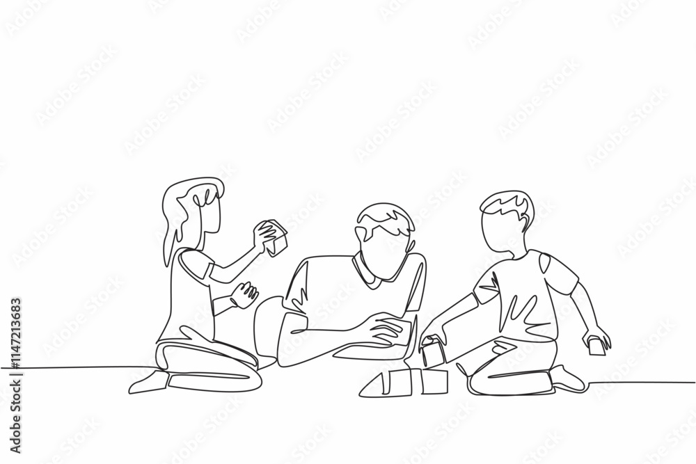 Poster single continuous line drawing father lying on the floor playing building blocks with his son and da
