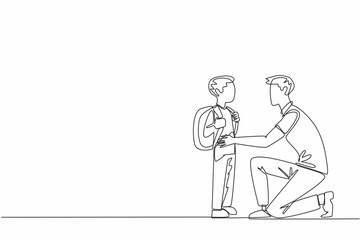 Continuous one line drawing father crouches hold son who is going to school. Advise. Give positive input to continue doing good. National Single Parent Day. Single line draw design vector illustration