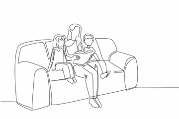 Continuous one line drawing mother reading a book on the sofa while hugging her daughter and son. Reading inspirational stories. National Single Parent Day. Single line draw design vector illustration