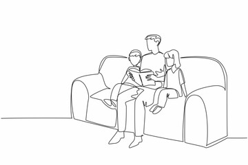 Single one line drawing father reading a book while hugging his daughter and son. Inspirational story of children. Good example. National Single Parent Day. Continuous line design graphic illustration