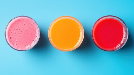 vibrant smoothie trio in shades of pink, orange, and red on blue