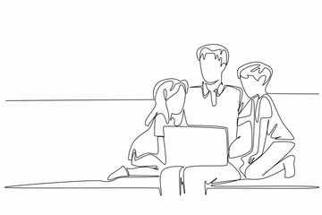 Single continuous line drawing father open laptop on sofa accompanied by son and daughter. Working from home. Parenting. Caring. Loving. National Single Parent Day. One line design vector illustration