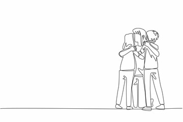 Obraz premium Single one line drawing mother kneels down hugging her daughter and son. Always miss the warmth of a hug. With beloved children. National Single Parent Day. Continuous line design graphic illustration