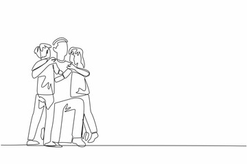 Continuous one line drawing father knelt down to hug his daughter and son. Play and have fun together. Pleasant. Parenting. National Single Parent Day. Single line draw design vector illustration