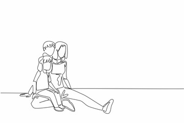 Continuous one line drawing mother sits on the floor holding her daughter. Her son hugs from behind. Try to be fair. Loving. National Single Parent Day. Single line draw design vector illustration