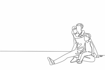 Single one line drawing father sit on the floor holding son. Girls hug from behind. Relieve fatigue by playing with children. National Single Parent Day. Continuous line design graphic illustration