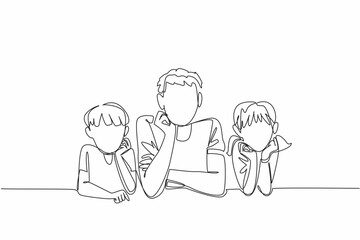 Continuous one line drawing father lying down holding his chin flanked by his son and daughter. Relax and joke around together. National Single Parent Day. Single line draw design vector illustration